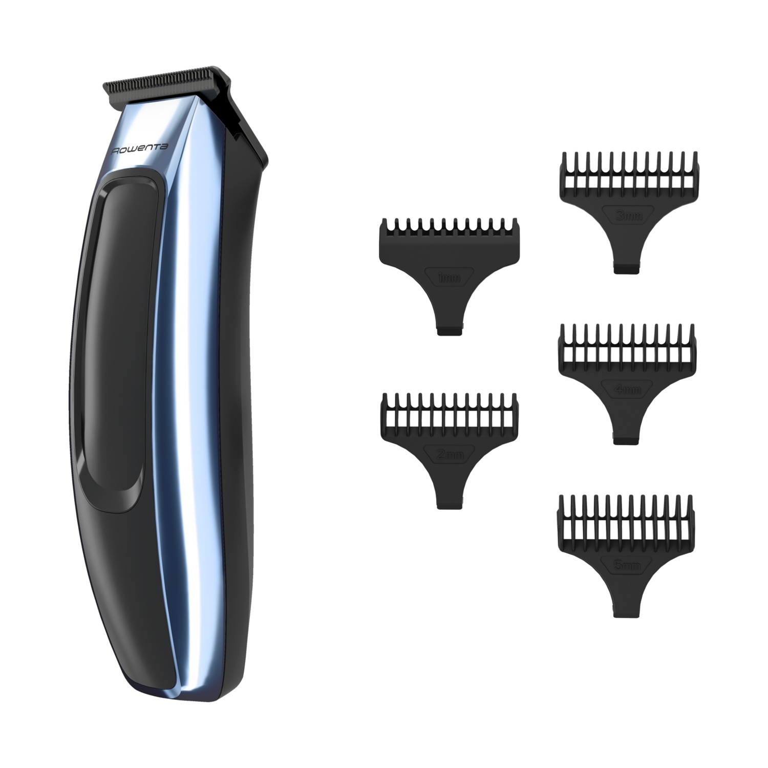 Un tagliacapelli blu e nero, con 5 protezioni di dimensioni. Tutto su sfondo bianco.