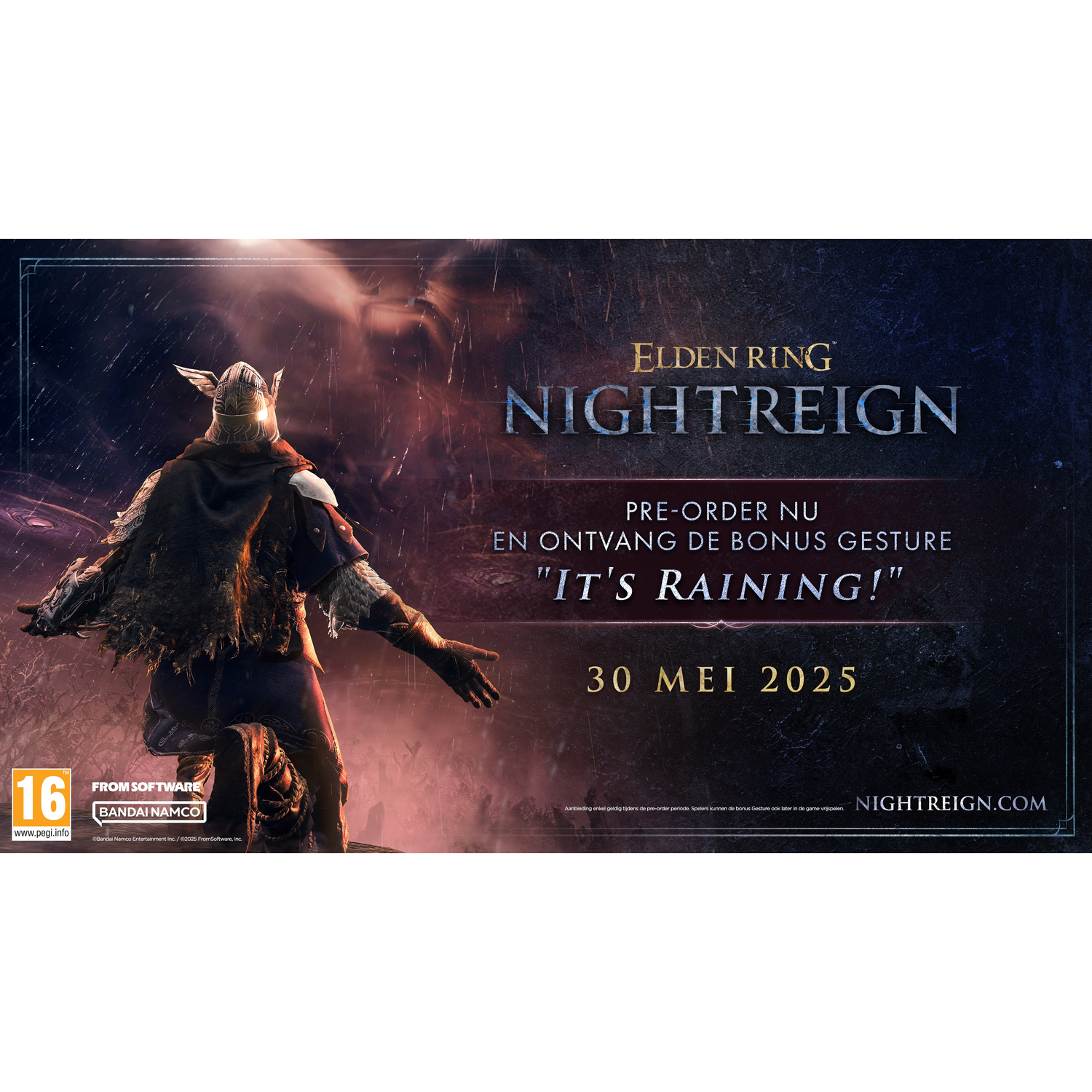Elden Ring Nightreign game-advertentie met een ridder, tekst en releasedatum, 30 mei 2025.