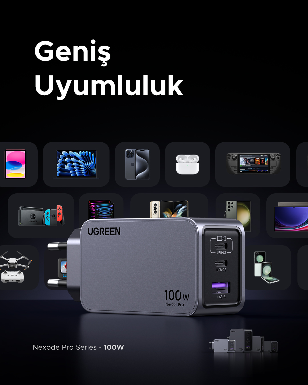 Gri bir şarj cihazı dizüstü bilgisayar, telefon ve kulaklıkları şarj ediyor. Metin: 'Hepsi için tek cihaz', 'Nexode Pro'.