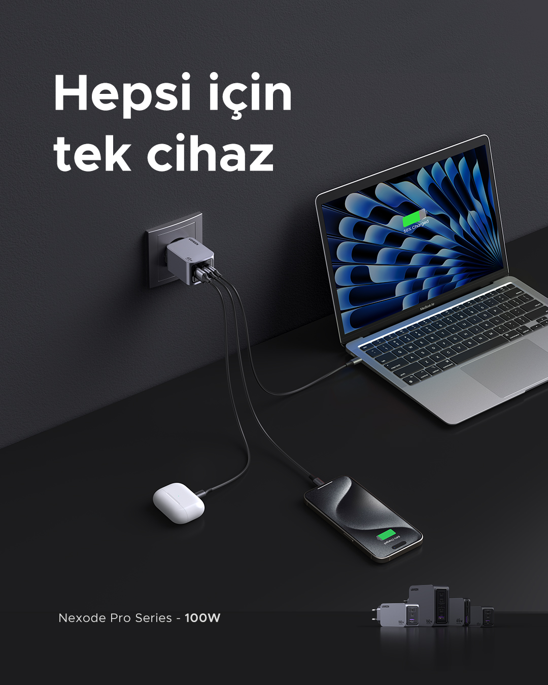 Gri bir şarj cihazı, üç cihaz bağlı: tablet, dizüstü bilgisayar ve telefon. Oklar güç aktarımını gösterir.
