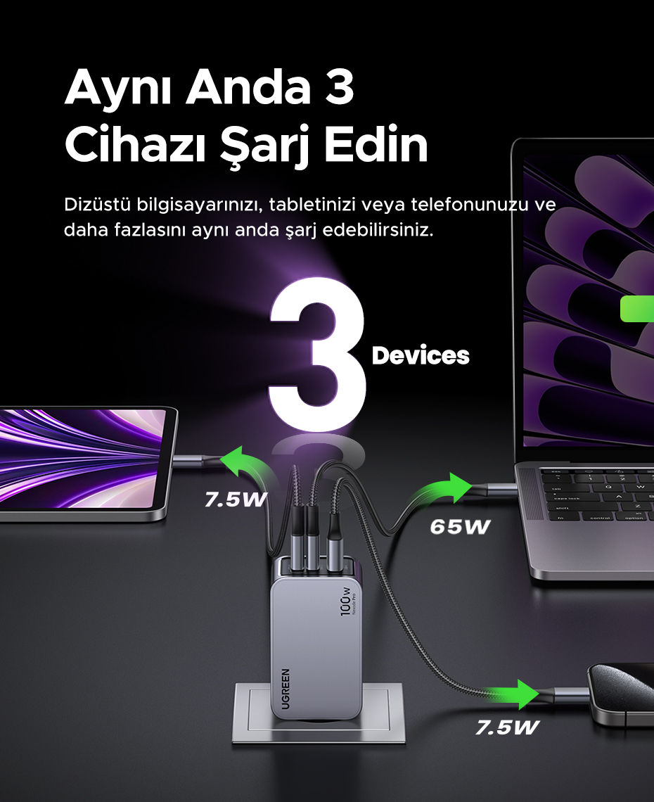 Gri bir şarj cihazı, üç cihaz bağlı: tablet, dizüstü bilgisayar ve telefon. Oklar güç aktarımını gösterir.