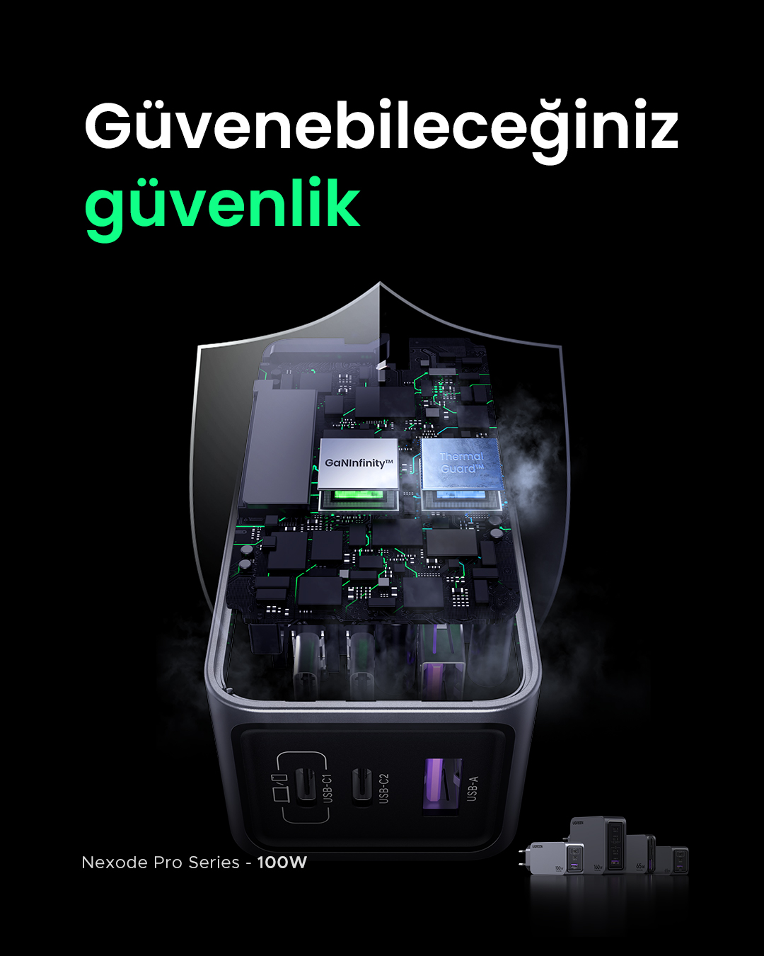 Şarj cihazının iç bileşenleri görünür, kalkan katmanıyla. Metin: 'GaNInfinity', 'Thermal Guard'.