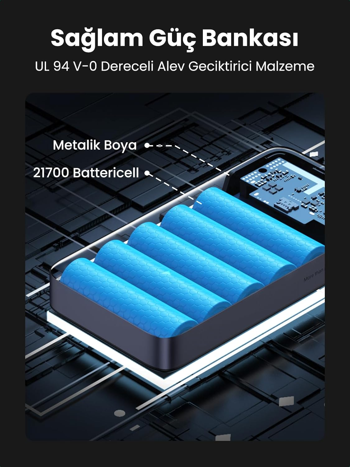 Powerbank'in iç bileşenleri, mavi pil hücreleri ve metalik boya.