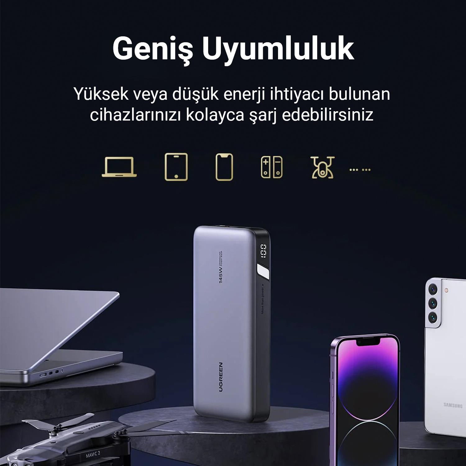 Bir powerbank, dizüstü bilgisayar, telefon, drone ve switch dahil olmak üzere çoklu cihazları şarj ediyor.