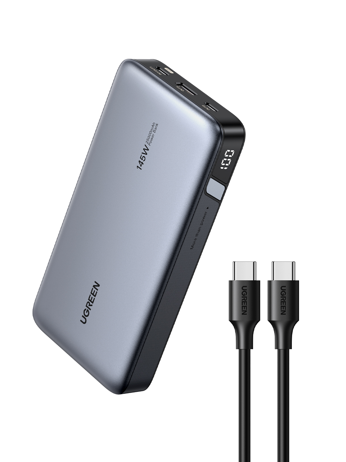 İki siyah USB-C kablosu ile gümüş UGREEN güç bankası. Dijital ekran ve '145W 20000mAh Power Bank' metni.