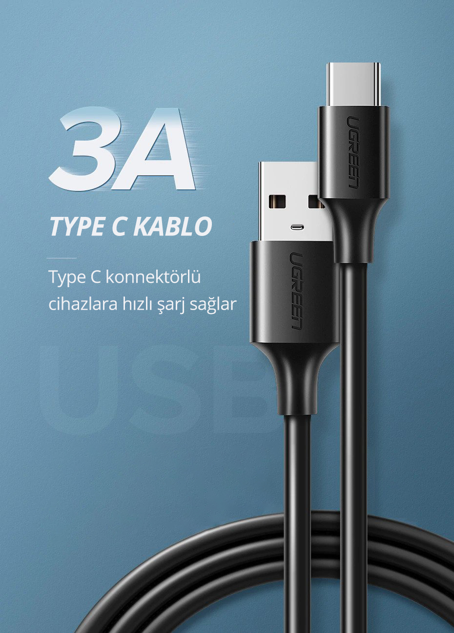 Siyah bir UGREEN Tip C kablosu, USB ve Tip C konektörleri ile.