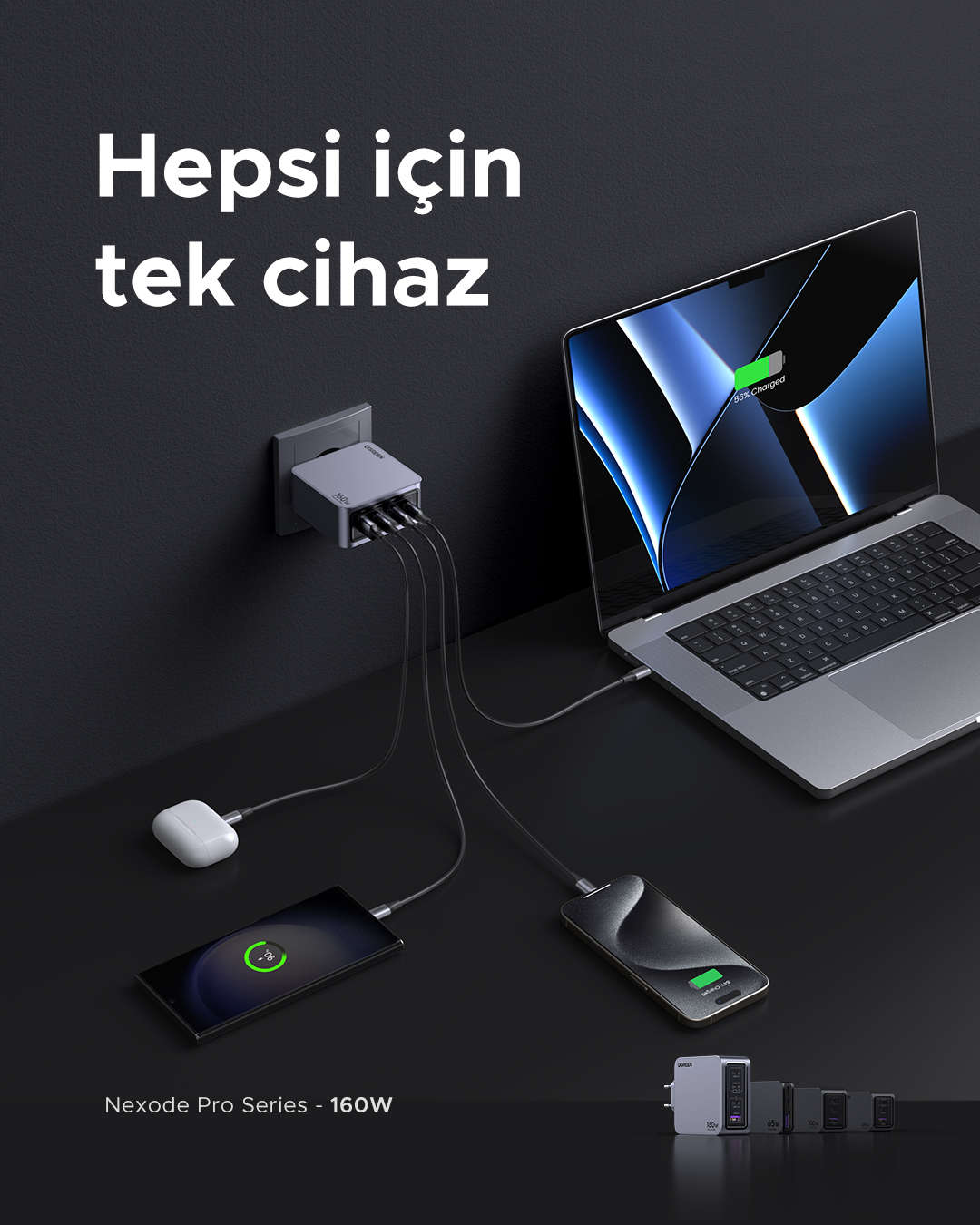 Bir dizüstü bilgisayara, telefona ve kulaklığa bağlı bir şarj cihazı. Şarj durumu gösteriliyor.