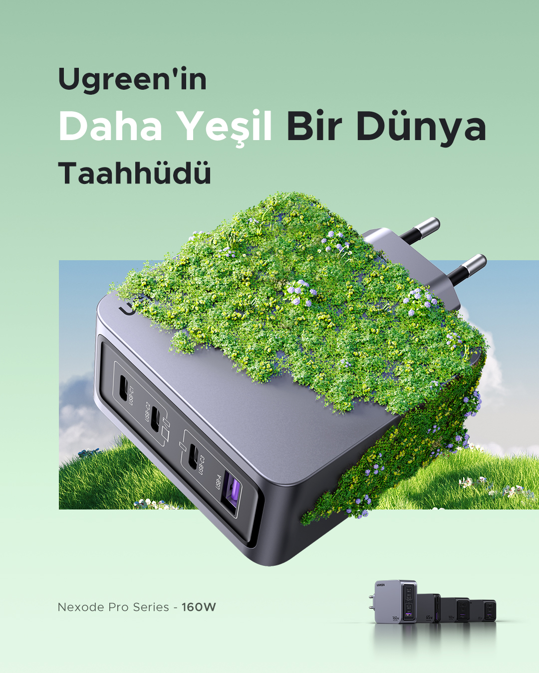 Yeşil bitkilerle çevrili bir şarj cihazı. Birden fazla USB bağlantı noktası ve bir fiş var.