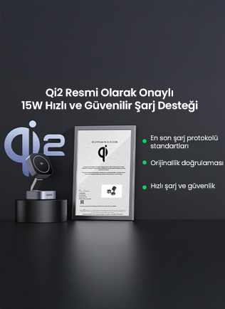 G örüntü, Qi2 resmi sertifikasına sahip bir kablosuz şarj cihazı ve temel özelliklerin bir listesini gösterir.