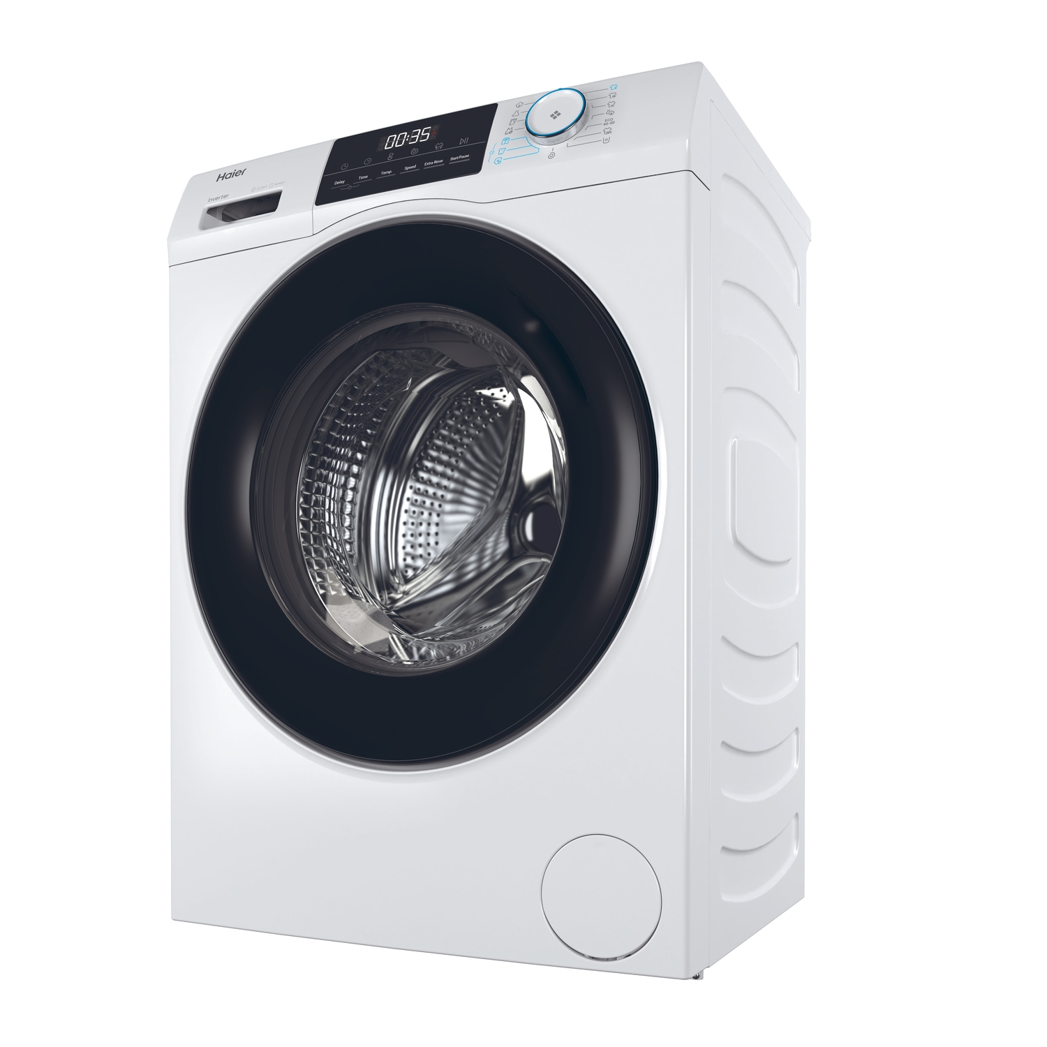 Lave-linge Haier blanc, vue trois quarts. Porte noire, affichage numérique de l'heure. Isolé sur fond blanc.