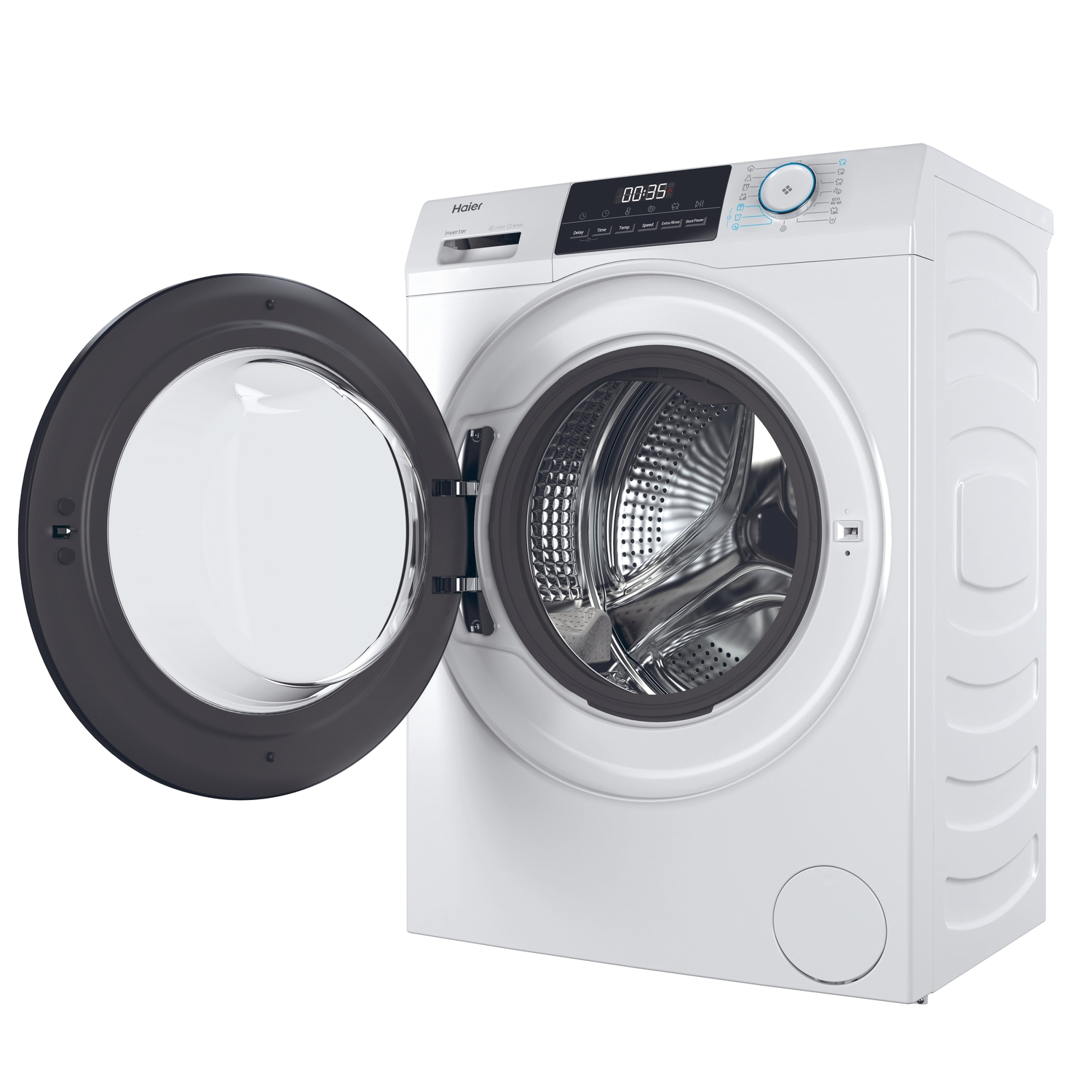 Lave-linge Haier blanc avec porte ouverte. L'affichage numérique indique l'heure. Isolé sur fond blanc.