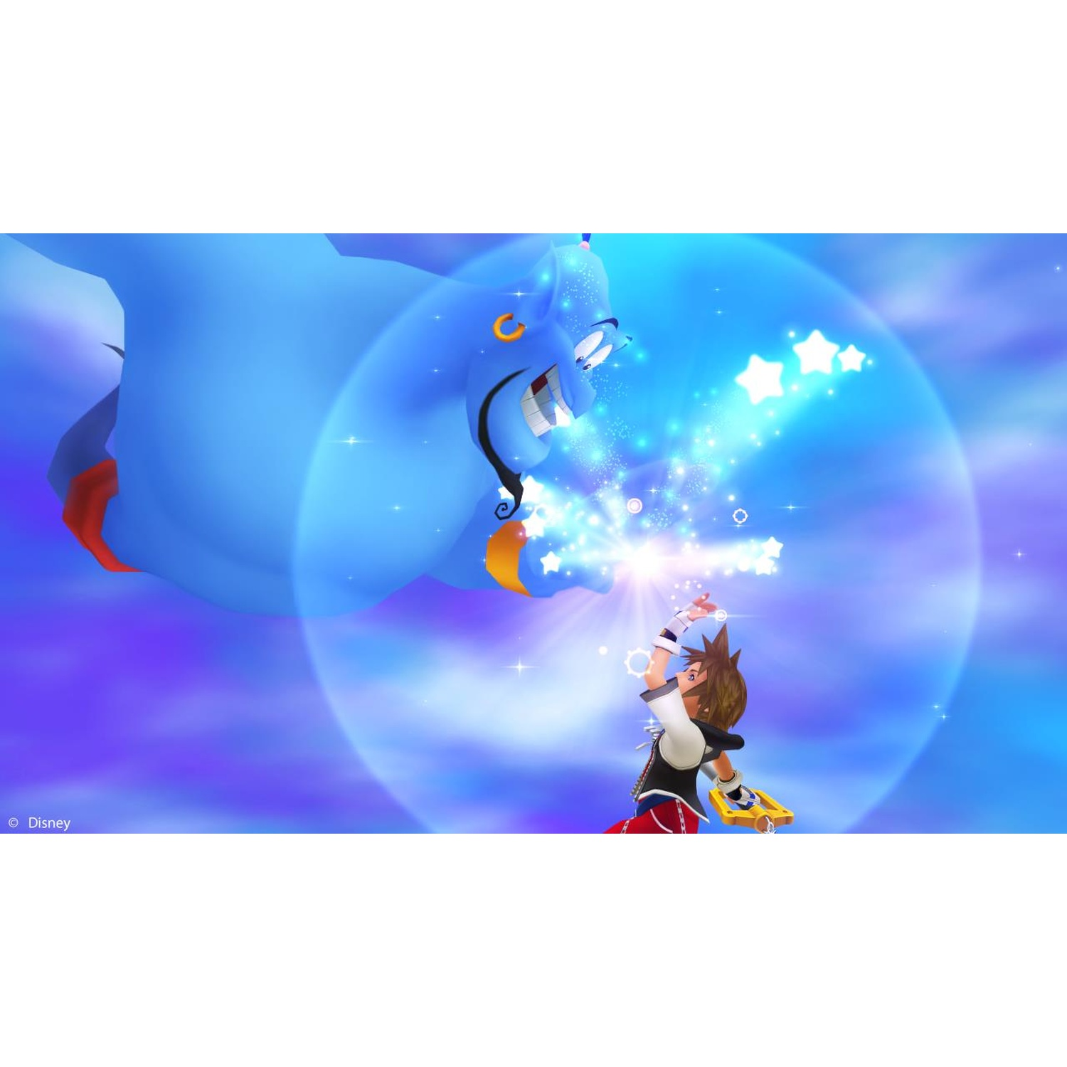 Genio offre luce a Sora, che tiene una keyblade, all'interno di una bolla.