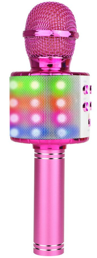 Różowy mikrofon do karaoke z przyciskami z przodu, światłami LED i chromowanym wierzchem.
