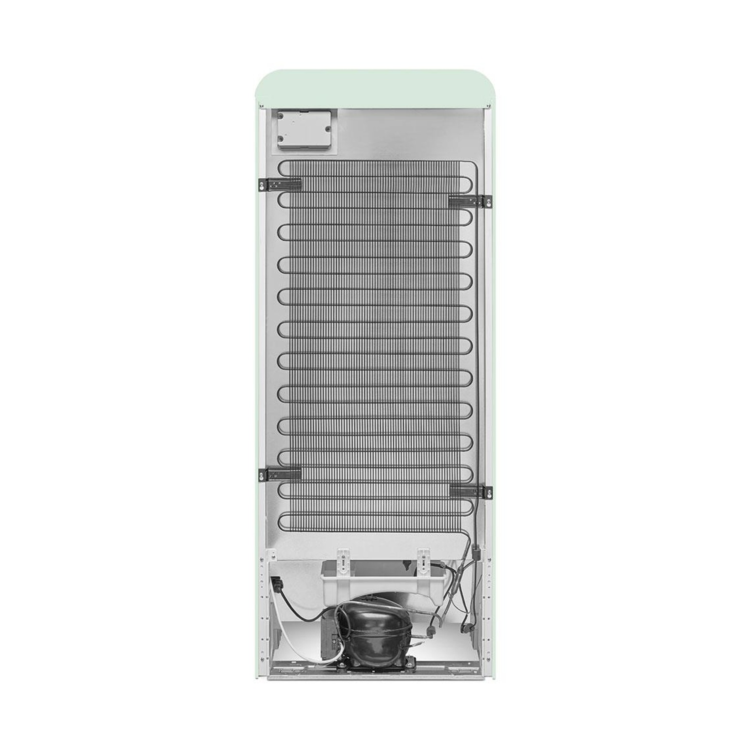 Retro di un frigorifero SMEG verde chiaro. Mostra elementi e componenti di raffreddamento, con involucro bianco.