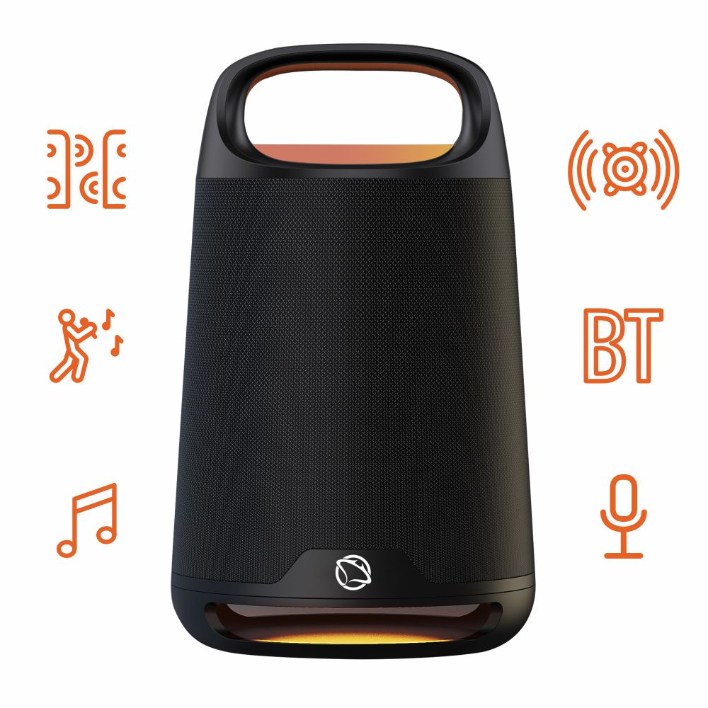 Czarny głośnik z ikonami wokół. Symbole muzyki, BT i dźwięku.