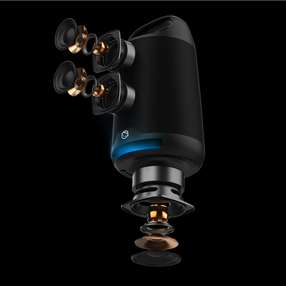 Widok wybuchu głośnika. Pokazuje elementy wewnętrzne.