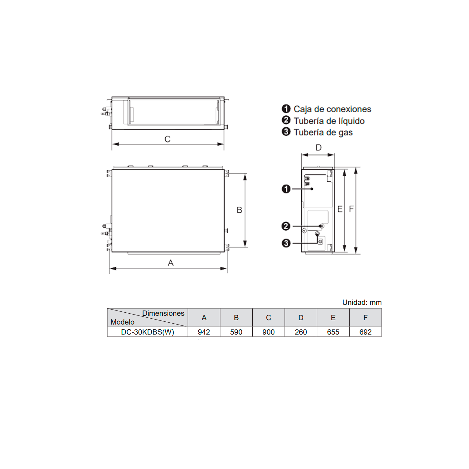 Dibujo técnico de un aire acondicionado. Muestra dimensiones y componentes clave.