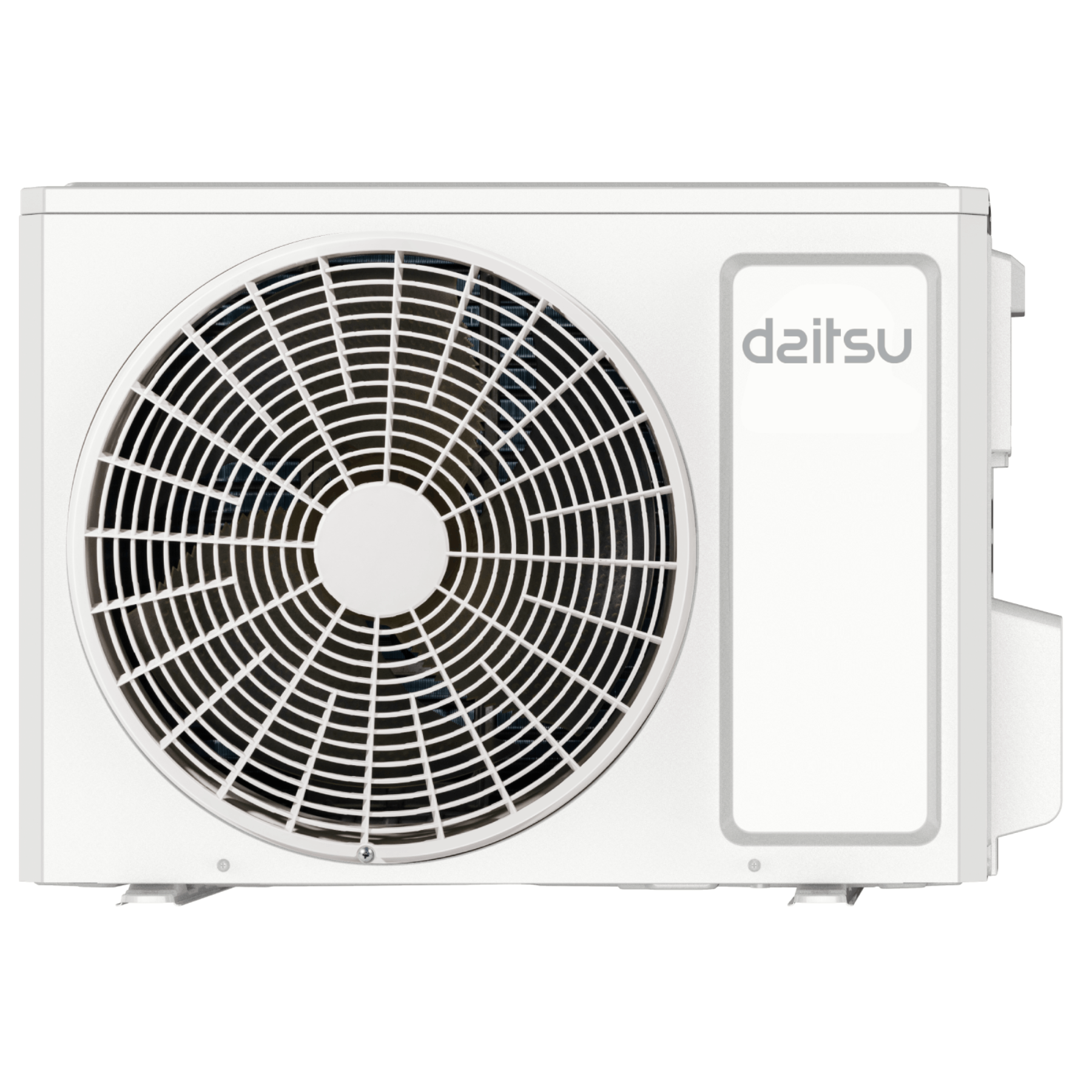 Unidad exterior de aire acondicionado blanca, marca Daitsu. Rejilla del ventilador y panel lateral visibles.