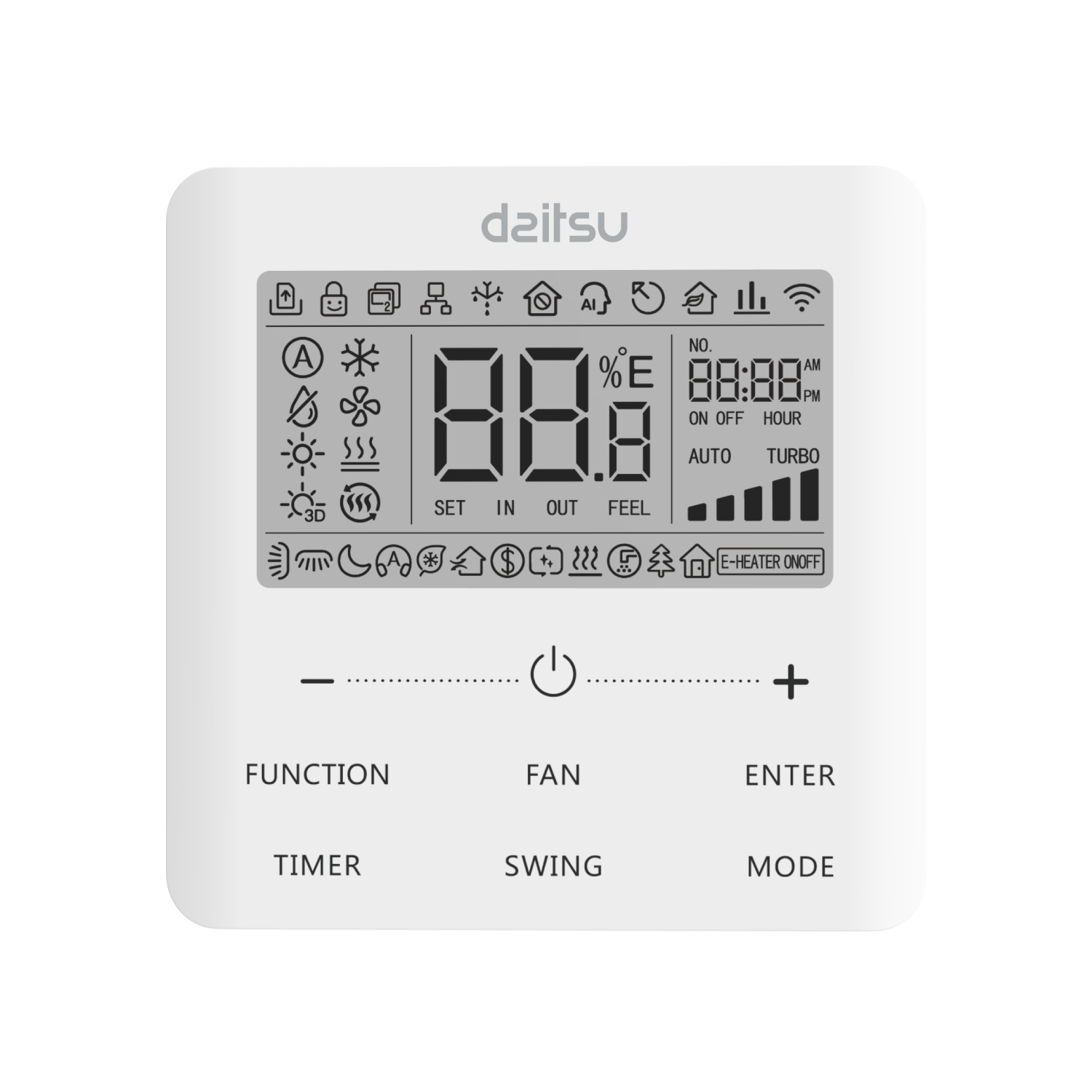 Mando a distancia Daitsu blanco. Pantalla LCD muestra ajustes. Botones de control.