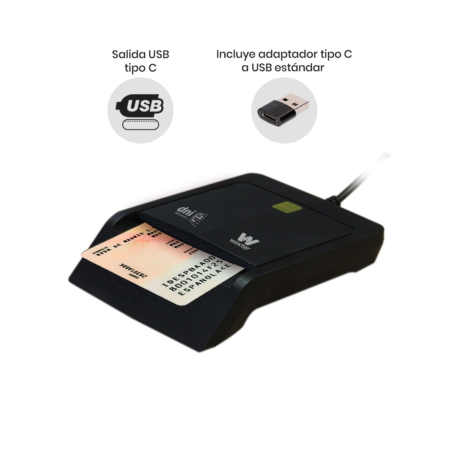 Lector de tarjetas DNI con tarjeta insertada, USB-C y adaptador USB. Incluye instrucciones.