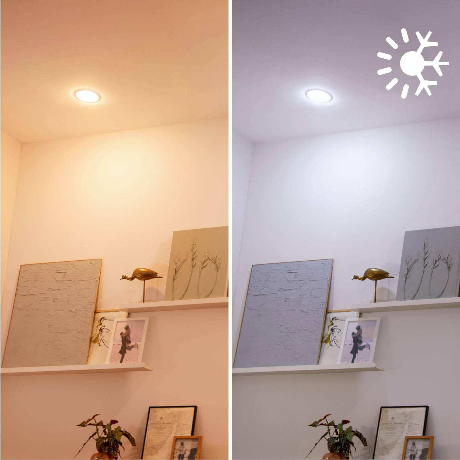 Dos escenas que muestran una habitación. Una con luz cálida, la otra con luz fría, ambas de bombillas inteligentes Philips.