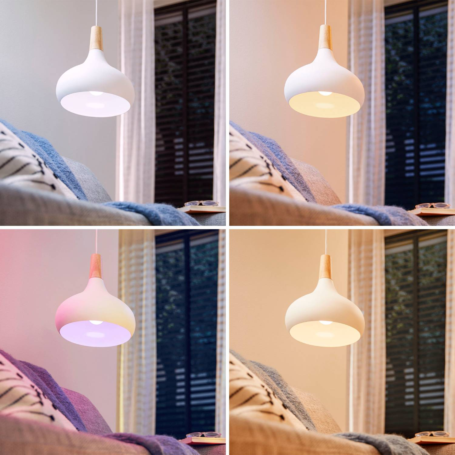 Cuatro escenas de una habitación con una lámpara colgante. Se muestran diferentes configuraciones de luz: blanco, cálido, rosa y amarillo.