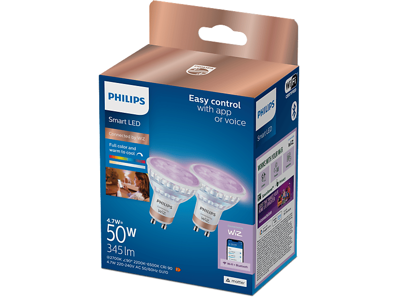 Bombilla inteligente - Philips PHI WFB 50W GU10 GLASS 922-65 RGB 2PF/6, Luz blanca y multicolor, Pack 2, Blanco