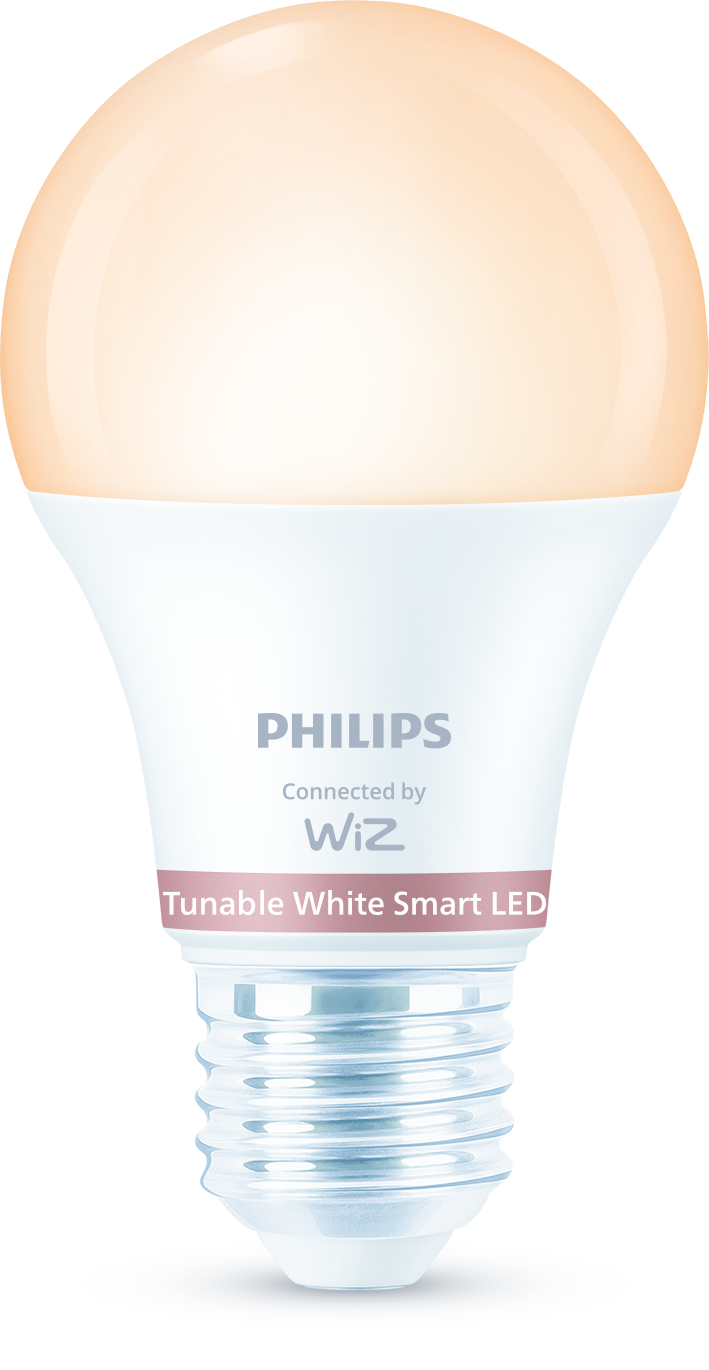 Una sola bombilla LED inteligente Philips de color blanco ajustable. La bombilla es blanca con una emisión de luz cálida.
