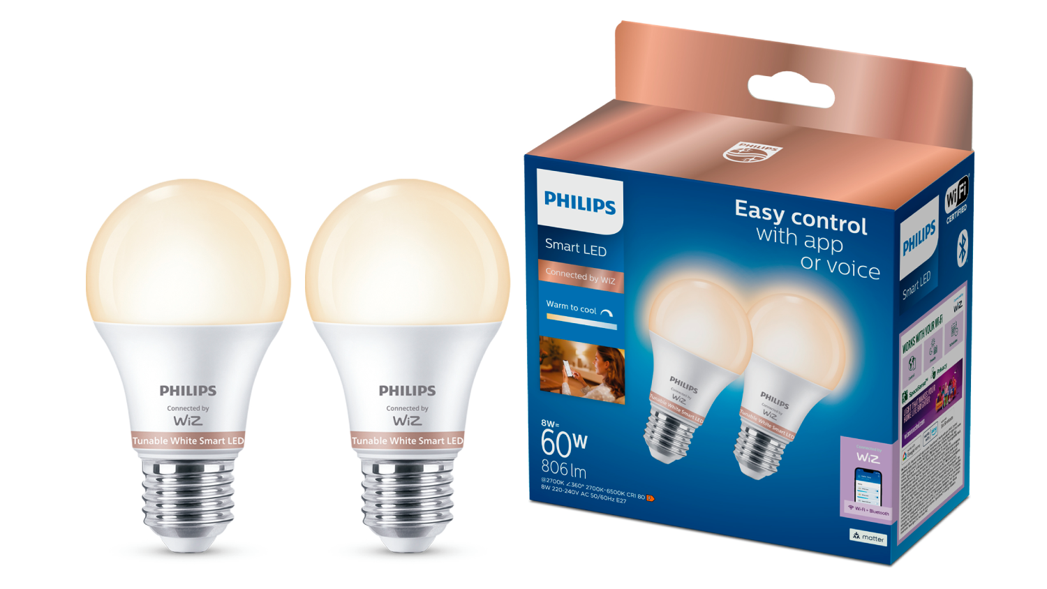 Dos bombillas LED inteligentes Philips de color blanco ajustable y un paquete. Las bombillas son blancas con luz cálida y en una caja.