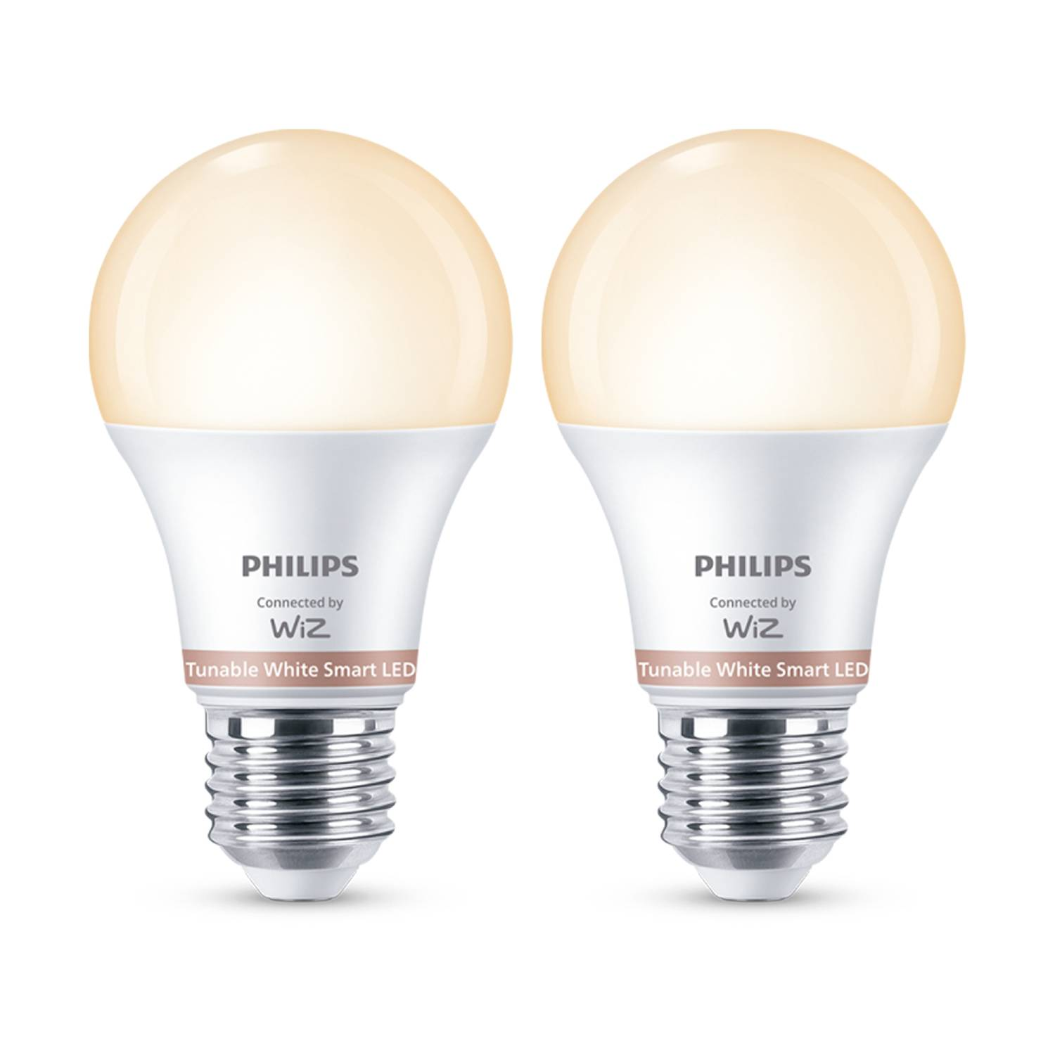 Dos bombillas LED inteligentes Philips de color blanco ajustable. Las bombillas son blancas con emisión de luz cálida.