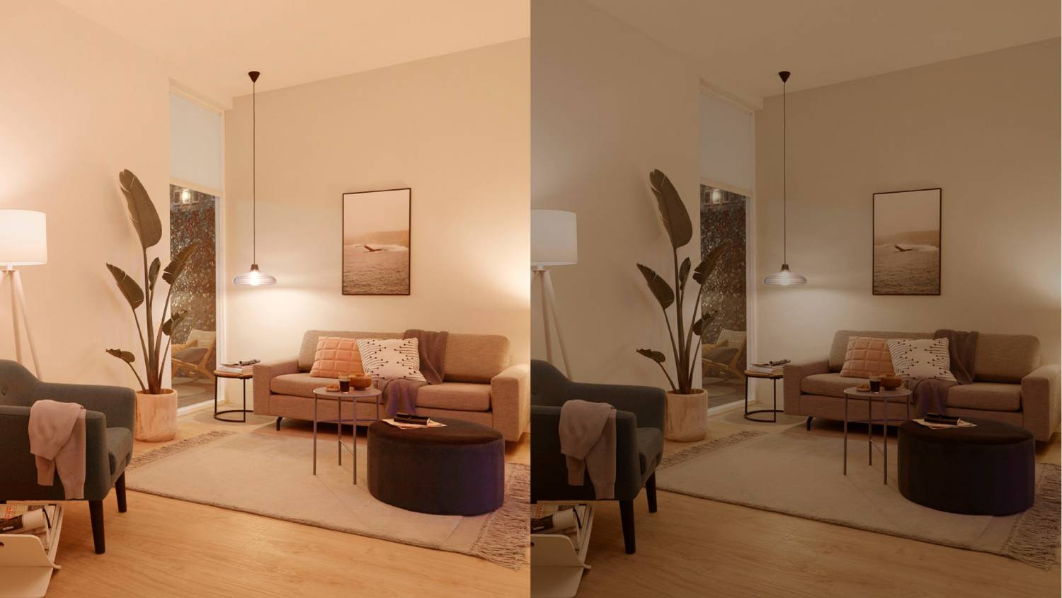 Salón con sofá, sillón, plantas y lámpara colgante. Se muestran opciones de iluminación cálida y fría.
