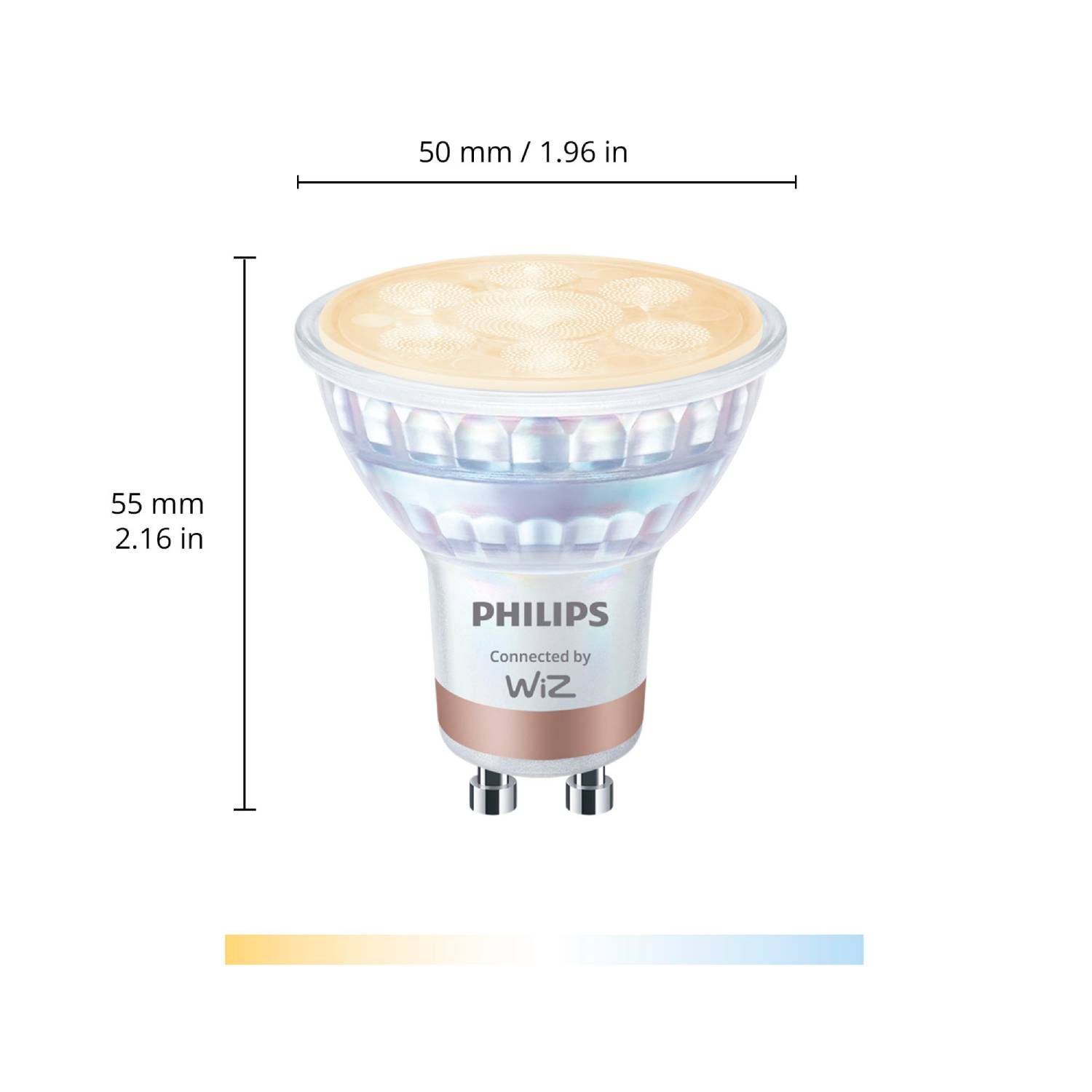 Un foco LED inteligente Philips. Dimensiones y temperatura de color mostradas.