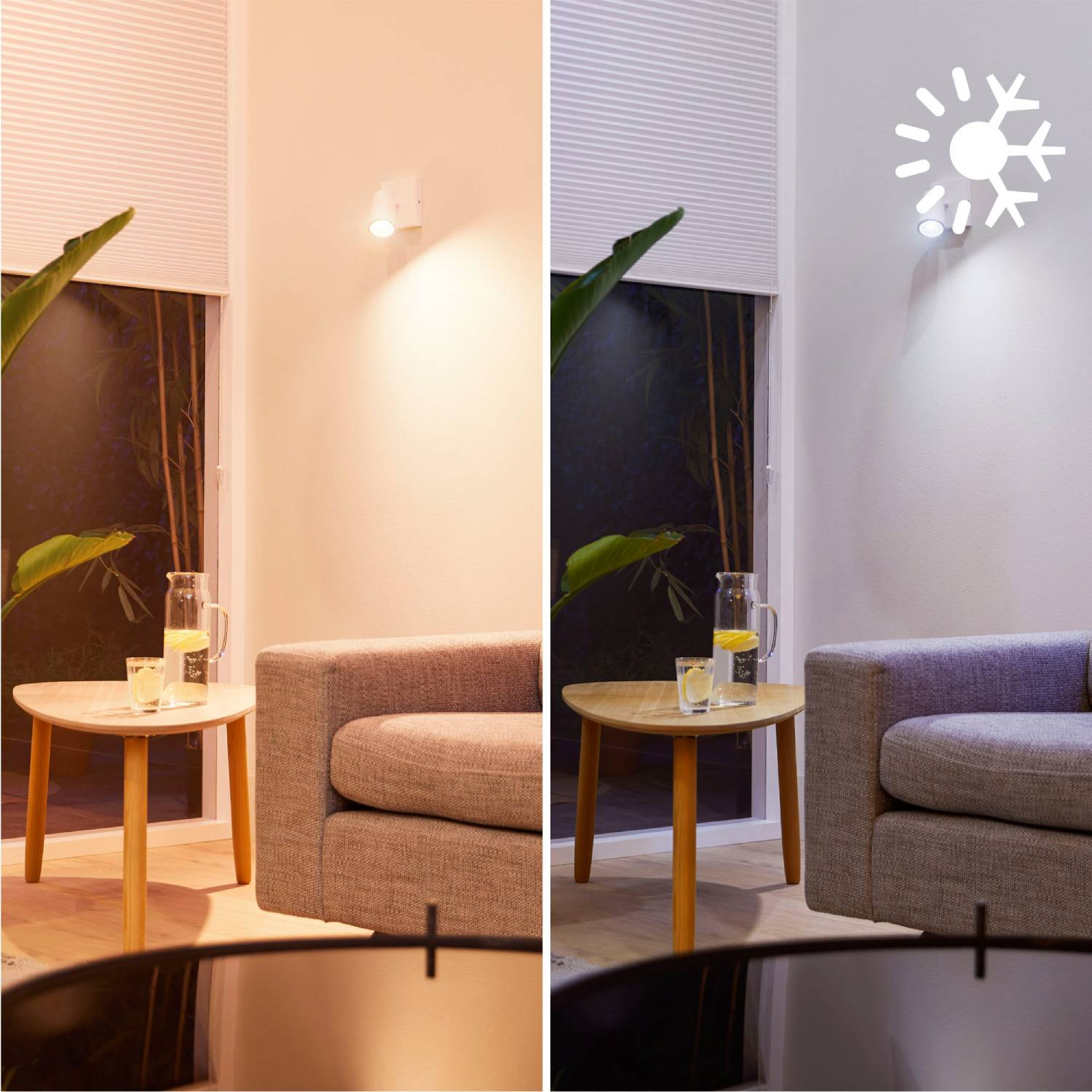 Escena de salón con iluminación inteligente. Cambia entre temperaturas de color cálidas y frías.