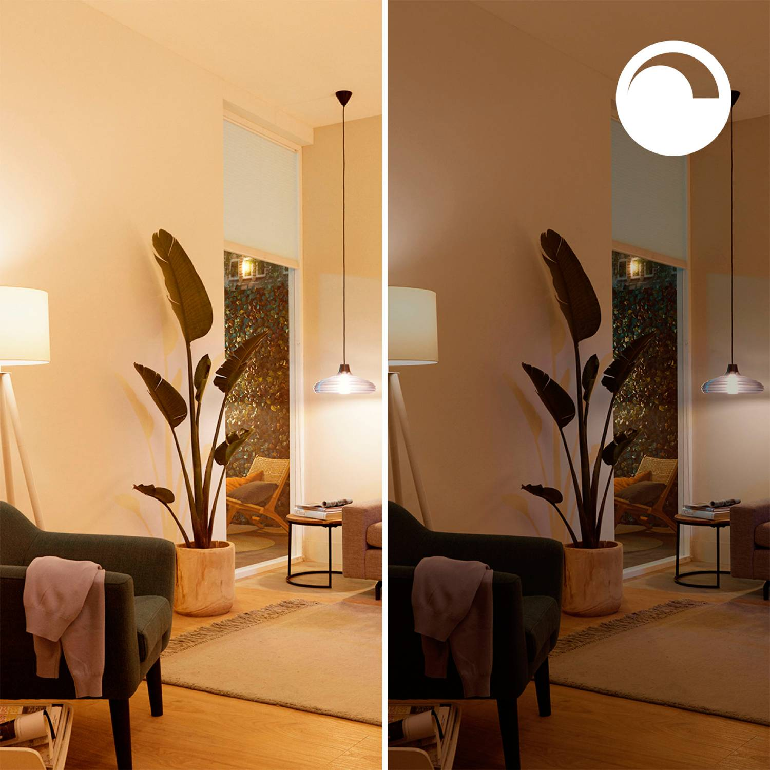 Escena de salón con lámpara colgante. Cambia entre temperaturas de color cálidas y frías.