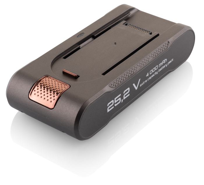 Egy szürke és barna akkumulátor, rajta a '25.2 V' és '4.000 mAh' felirattal fehér háttéren.