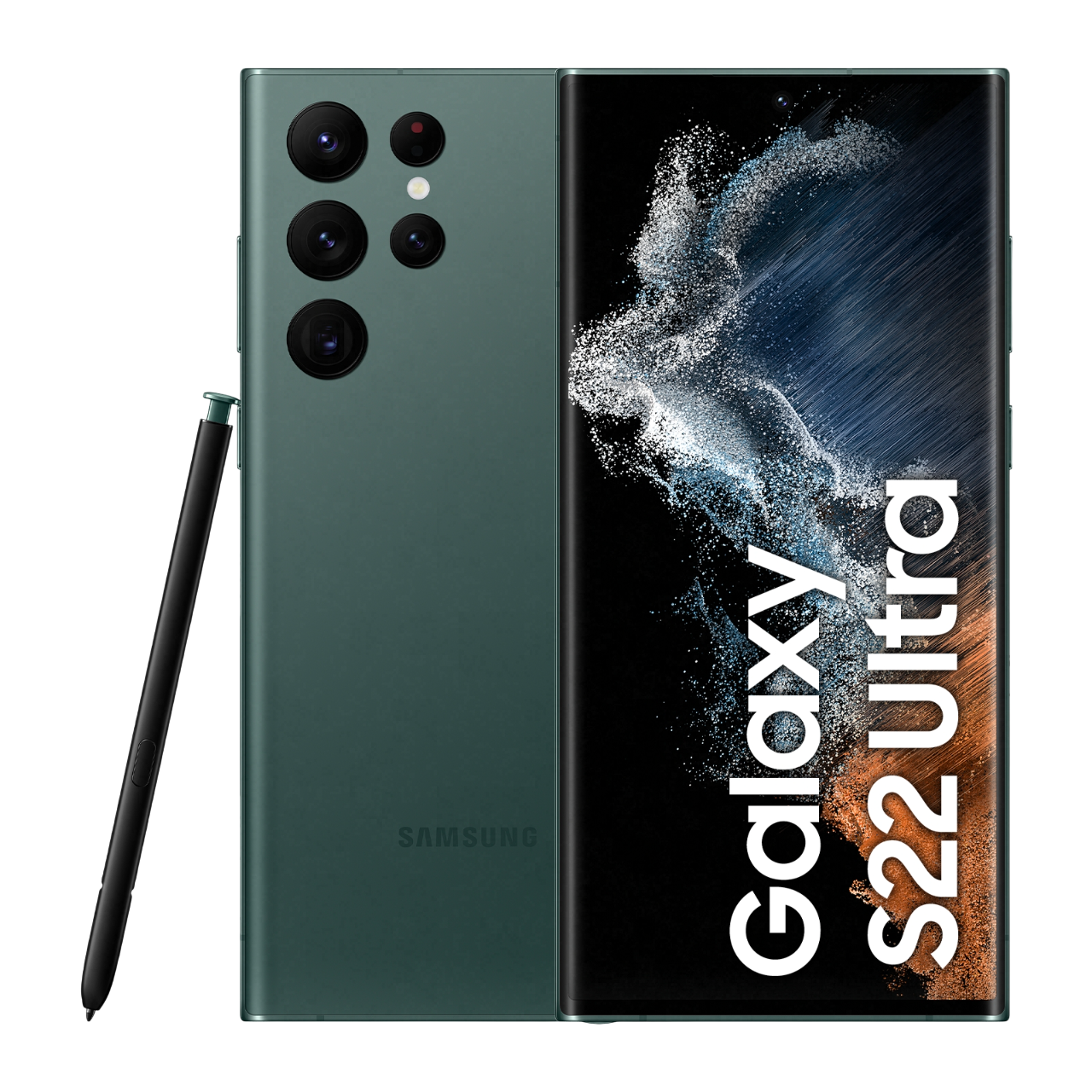 Yeşil Samsung Galaxy S22 Ultra telefon ve kalem. Sağda gösterilen ekran.