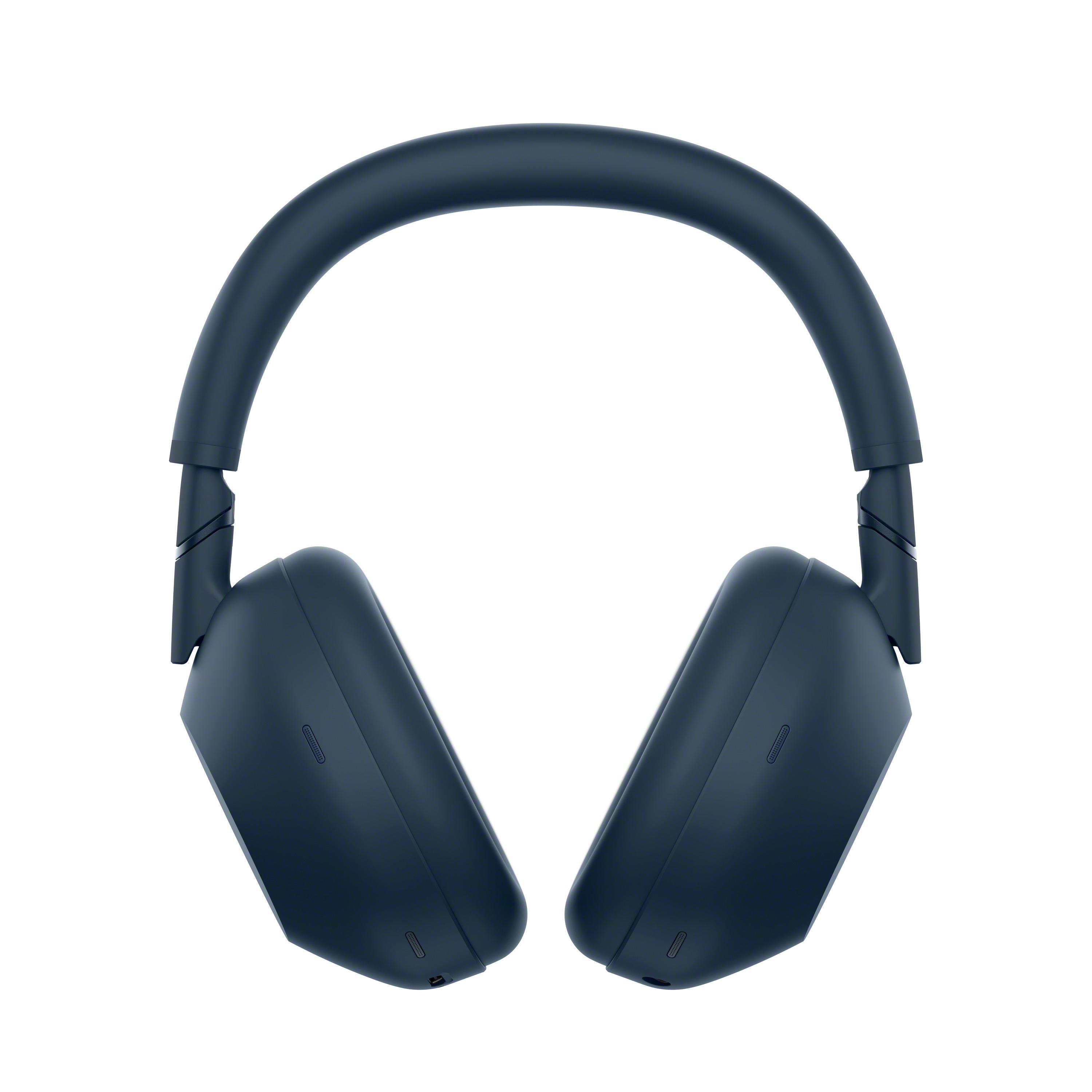 Zbliżenie granatowych słuchawek WH-1000XM6. Elegancki model nauszny z okrągłymi nausznicami.