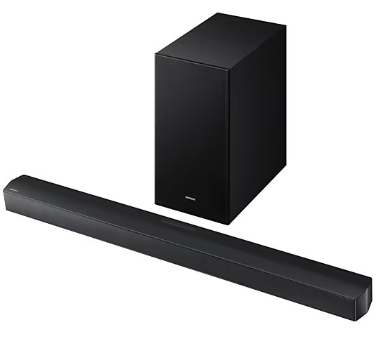 Czarny soundbar i subwoofer. Soundbar jest długi i wąski, a subwoofer kwadratowy.