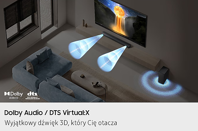 Salon z telewizorem. Fale dźwiękowe dochodzą z soundbaru i subwoofera.