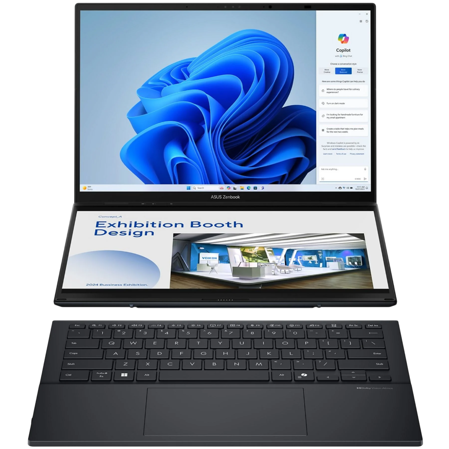 Laptop met open scherm, met een blauwe afbeelding en een venster.