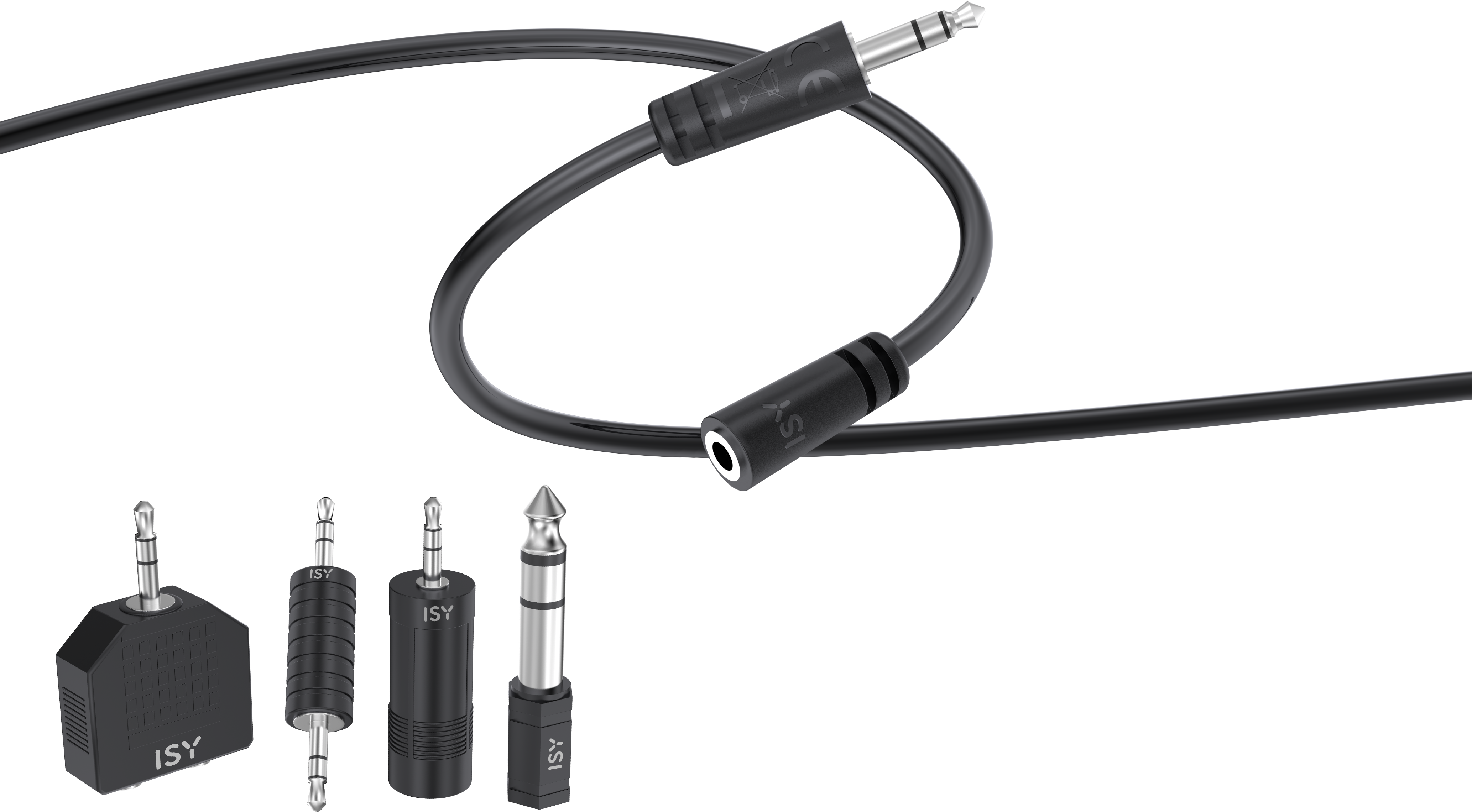 Adaptateur audio noir et diverses prises audio. Marque ISY.