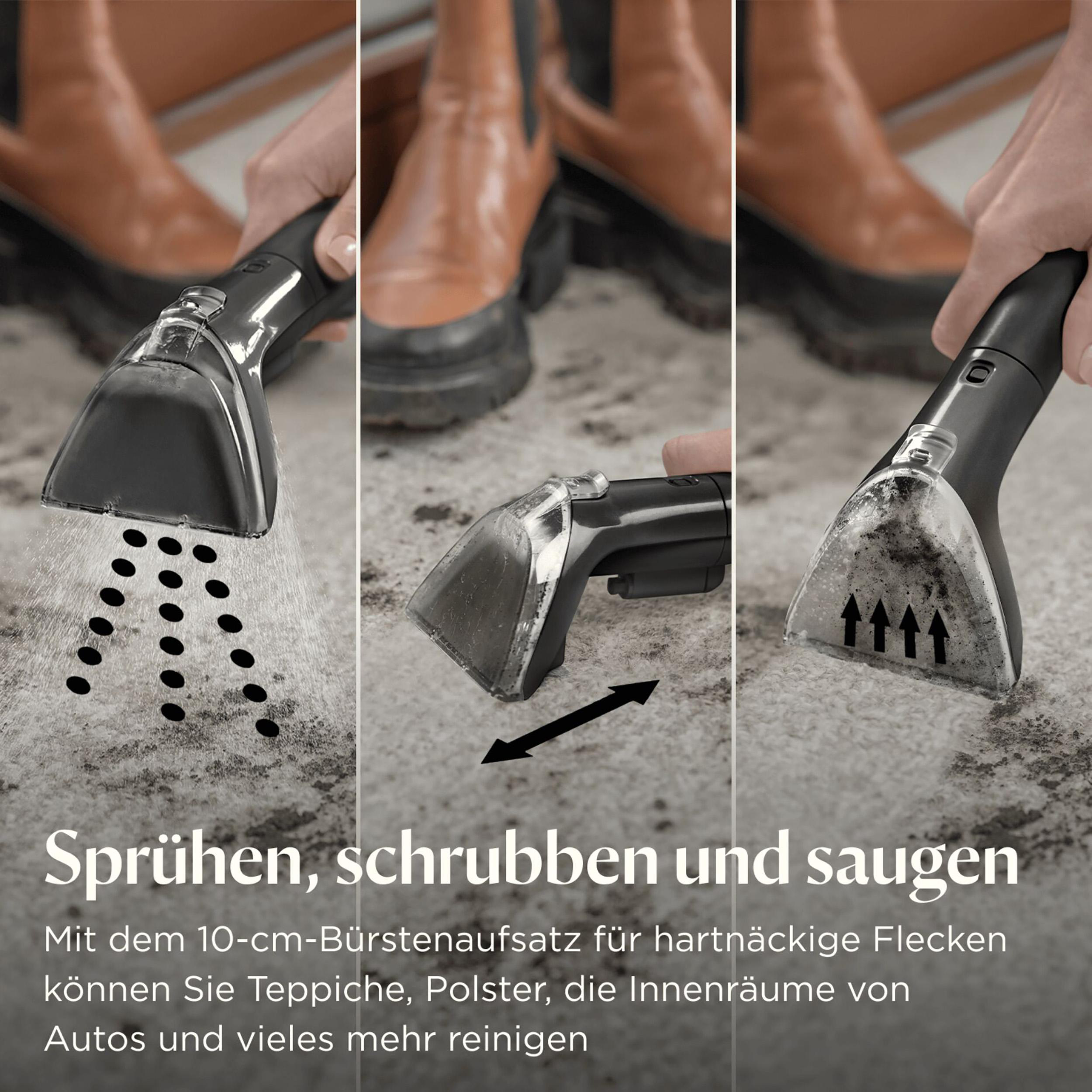 Eine Frau stellt den tragbaren Reiniger in einen Schrank.