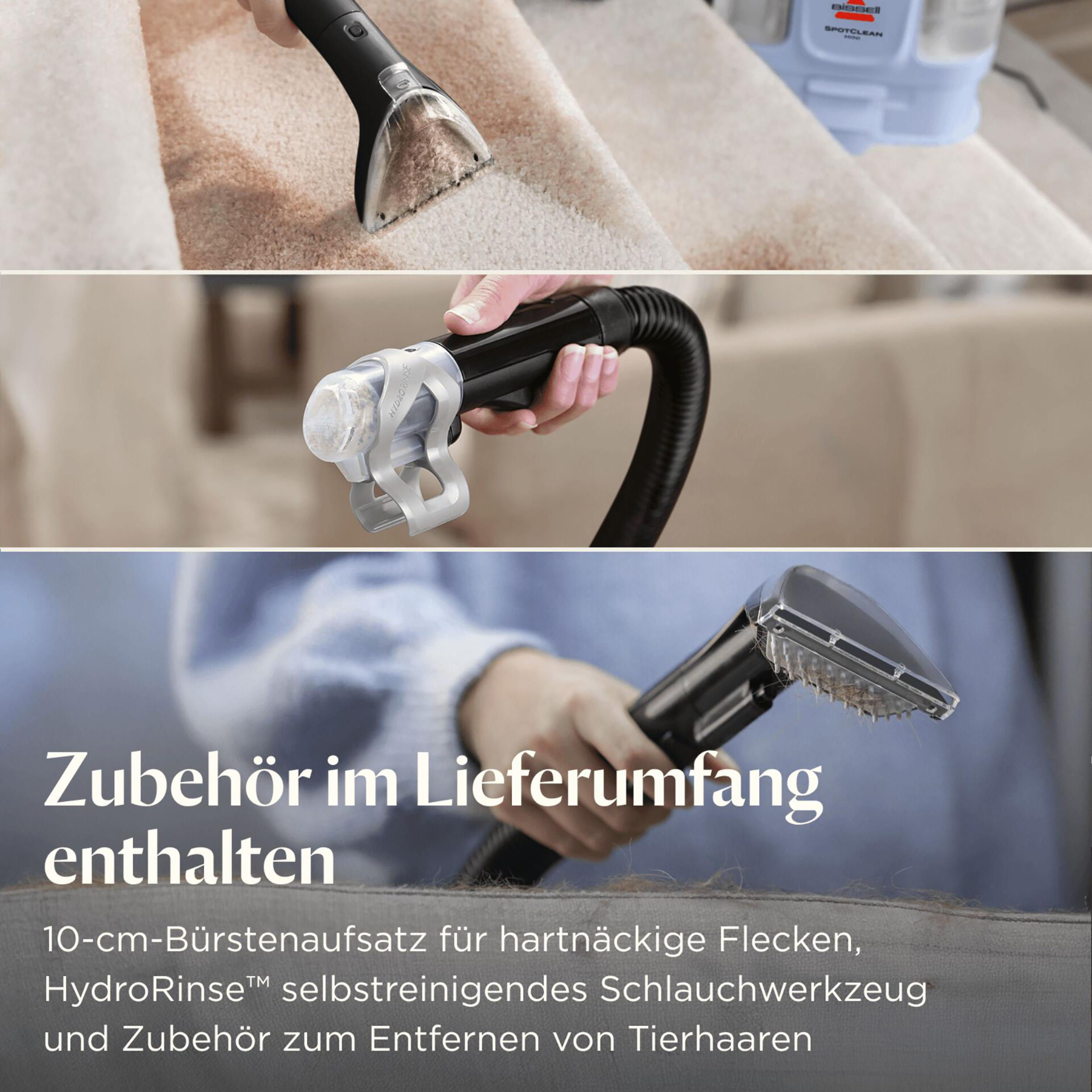 Eine Frau und ein Mann lächeln in einem Wohnzimmer mit Reinigungsmittel.