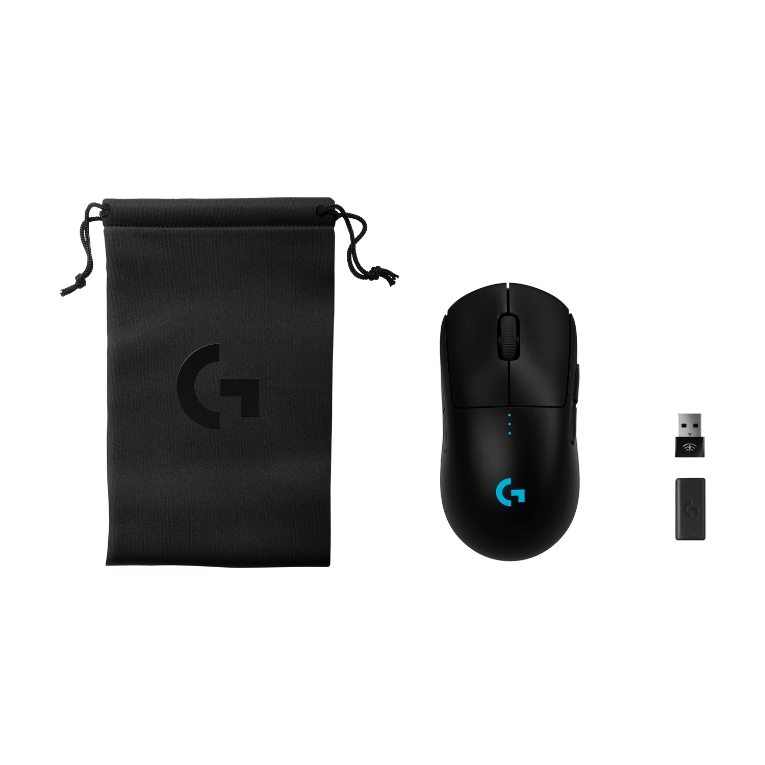 Mouse nero, dongle e ricevitore con borsa nera.