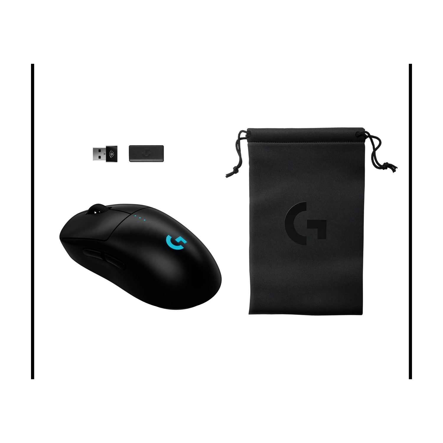 Mouse nero, dongle e ricevitore con borsa nera.