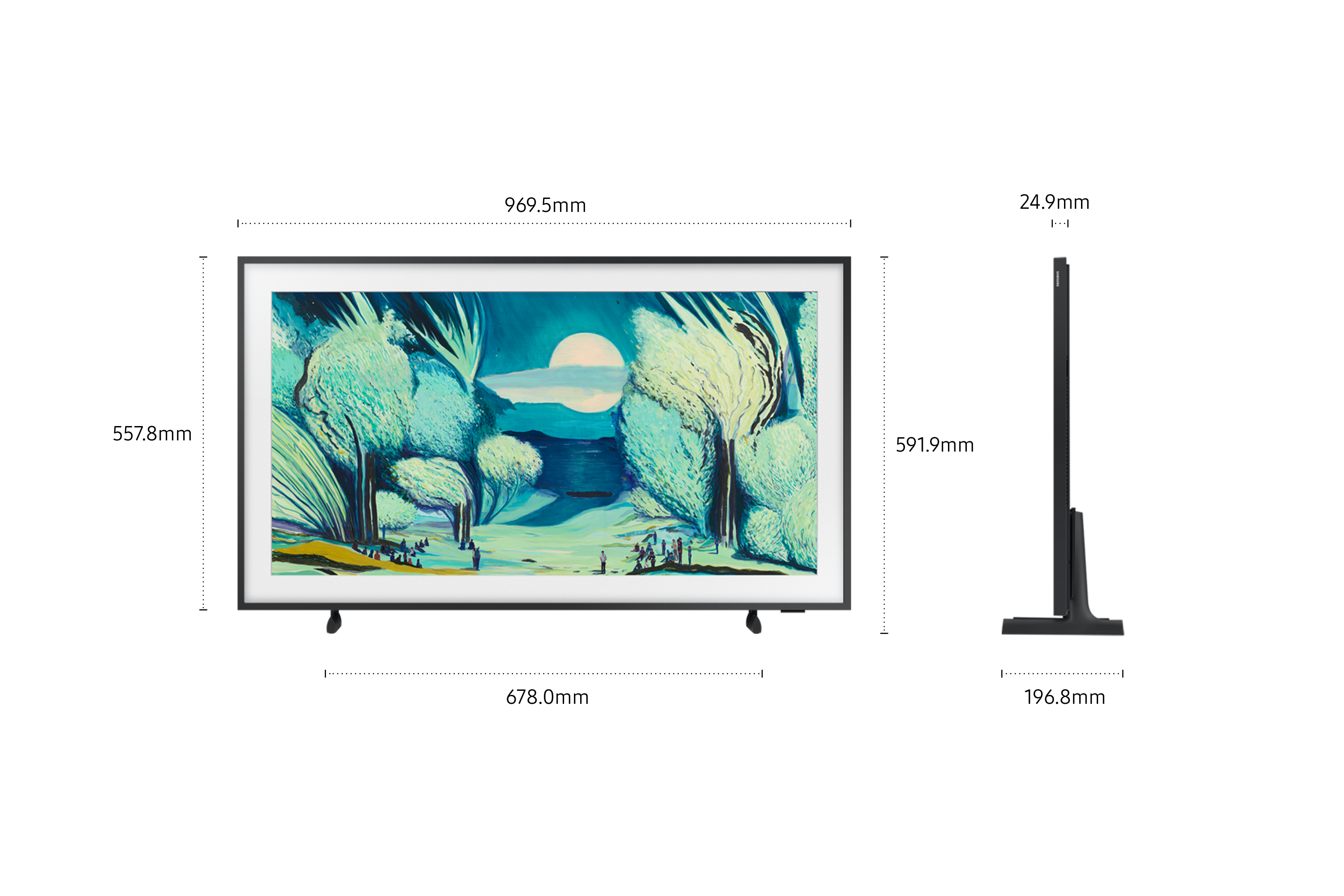 TV con opera d'arte, vista laterale. L'opera raffigura alberi, lago e cielo, in stile pittura.