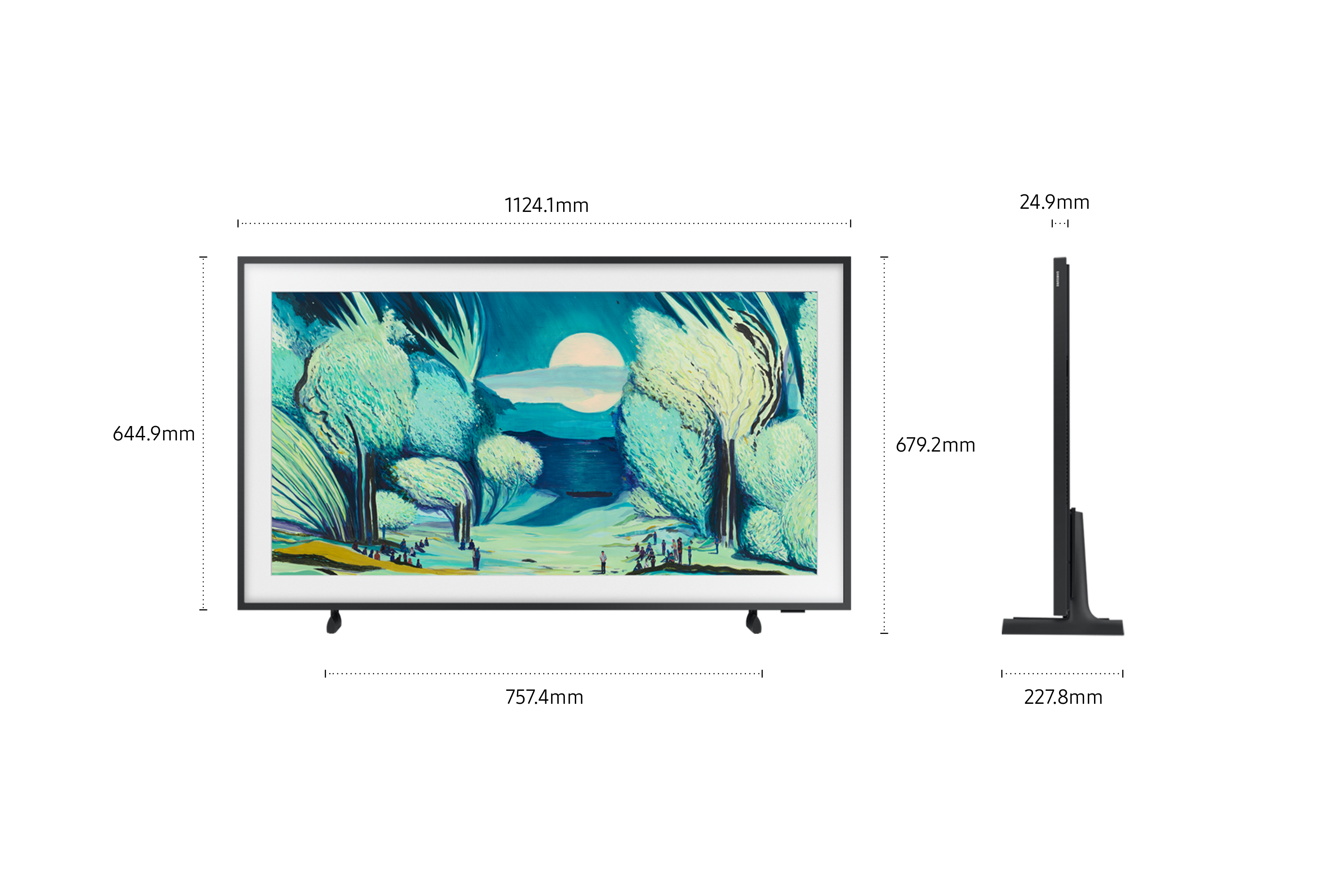 TV con opera d'arte, vista laterale. L'opera raffigura alberi, lago e cielo, in stile pittura.