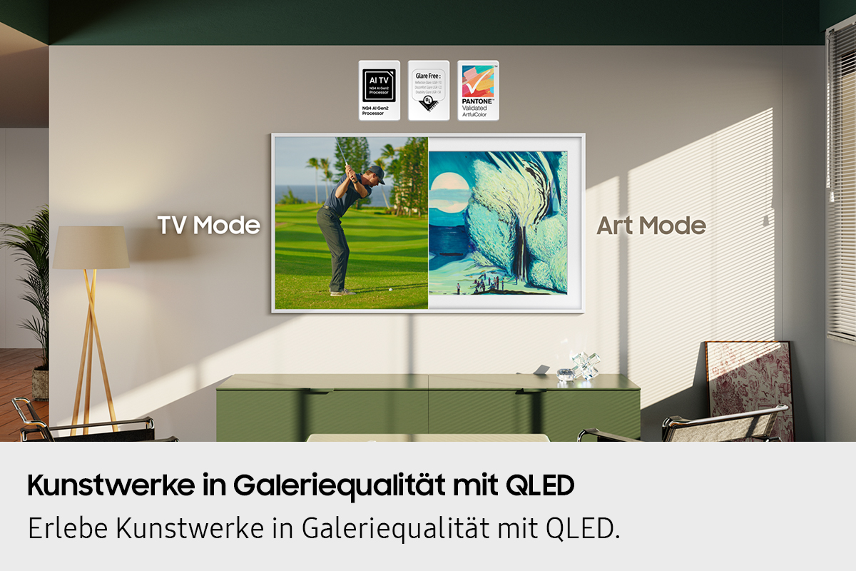 Schermo TV che mostra golf e modalità arte. Testo: Opere d'arte di qualità galleria con QLED. Loghi.