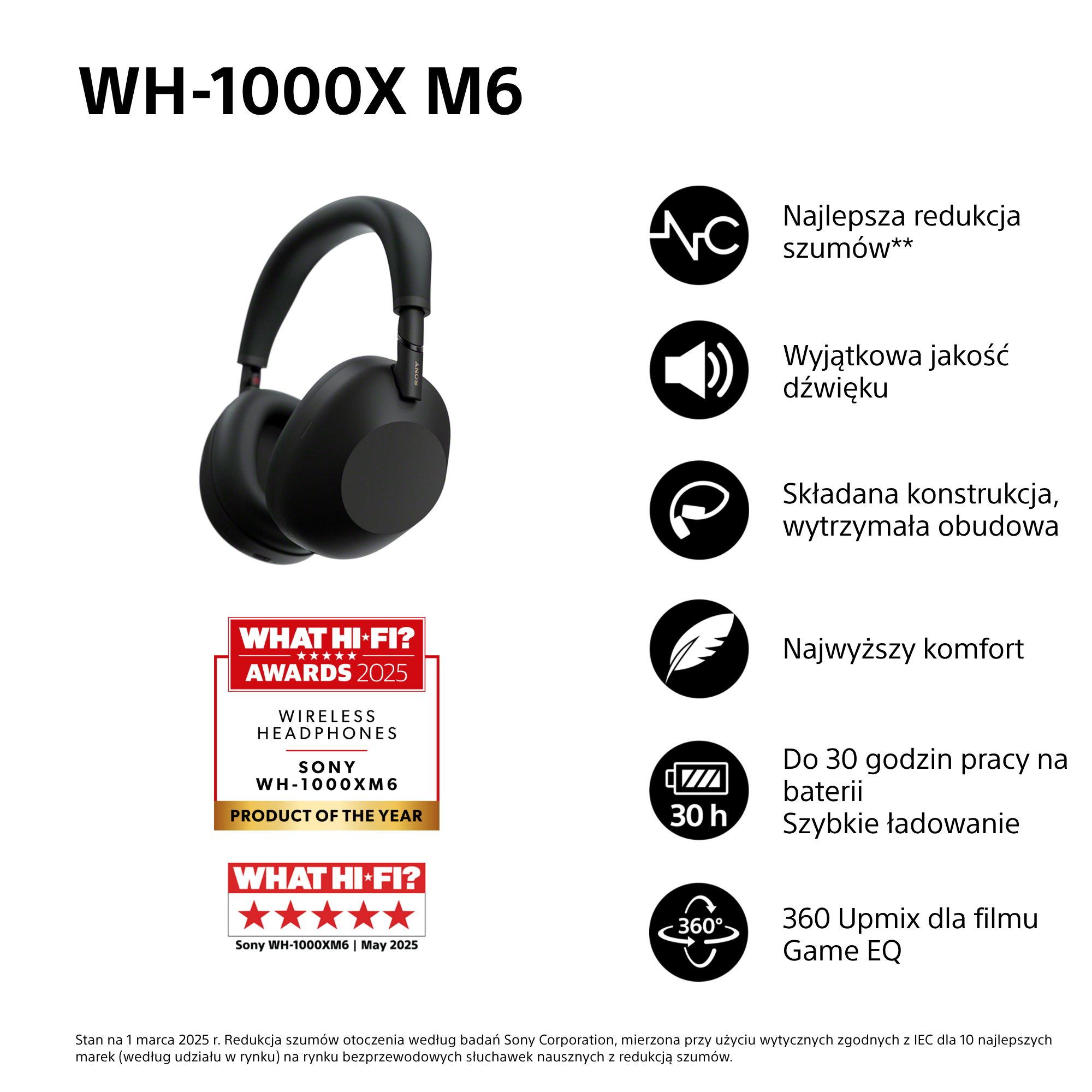 Czarne słuchawki Sony WH-1000XM6. Posiadają redukcję szumów, wyjątkową jakość dźwięku i do 30 godzin pracy na baterii.