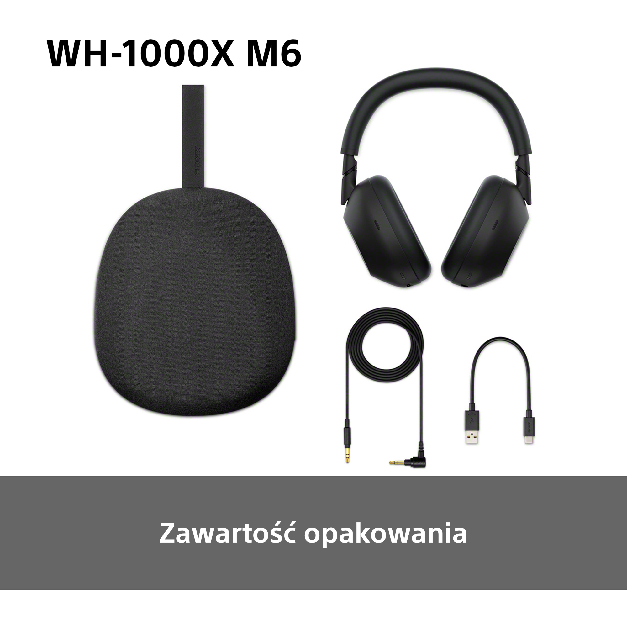 Akcesoria do czarnych słuchawek, etui i kable. Tekst: WH-1000XM6.